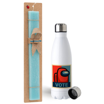 Among US VOTE, Easter Set, metallic stainless steel water bottle (750ml) & aromatic flat Easter candle (30cm) (TURQUOISE)