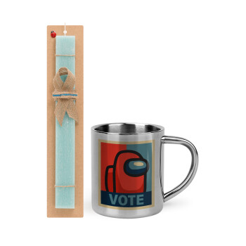 Among US VOTE, Easter Set, metallic thermal cup (300ml) & aromatic flat Easter candle (30cm) (TURQUOISE)