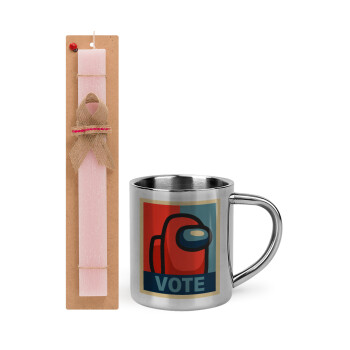Among US VOTE, Easter Set, metallic thermal cup (300ml) & aromatic flat Easter candle (30cm) (PINK)