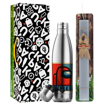Among US VOTE, Easter Set, metallic stainless thermos flask (500ml) & scented flat Easter candle (30cm) (GRAY)