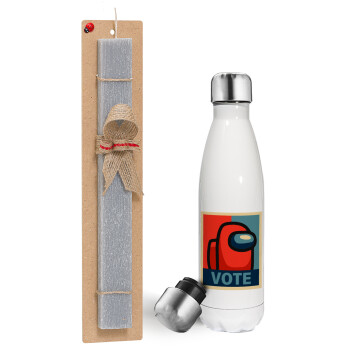 Among US VOTE, Πασχαλινή λαμπάδα, μεταλλικό παγούρι θερμός λευκός (500ml) & λαμπάδα αρωματική πλακέ (30cm) (ΓΚΡΙ)