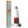 Easter Set, metallic stainless steel water bottle (750ml) & aromatic flat Easter candle (30cm) (TURQUOISE)