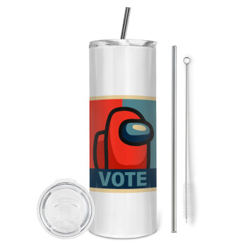 Among US VOTE, Eco friendly ποτήρι θερμό (tumbler) από ανοξείδωτο ατσάλι 600ml, με μεταλλικό καλαμάκι & βούρτσα καθαρισμού