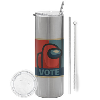 Among US VOTE, Eco friendly ποτήρι θερμό Ασημένιο (tumbler) από ανοξείδωτο ατσάλι 600ml, με μεταλλικό καλαμάκι & βούρτσα καθαρισμού