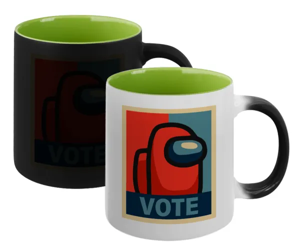 Among US VOTE — Magic mug with green interior, ceramic, 330ml, changes colour with hot drinks