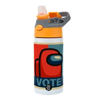 Among US VOTE, Children's hot water bottle, stainless steel, with safety straw, Orange/Grey (360ml) BPA-FREE