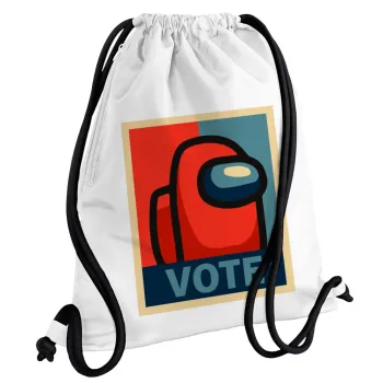 Among US VOTE, Backpack pouch GYMBAG white, with pocket (40x48cm) & thick cords