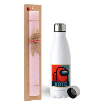 Among US VOTE, Easter Set, metallic stainless steel water bottle (750ml) & scented flat Easter candle (30cm) (PINK)
