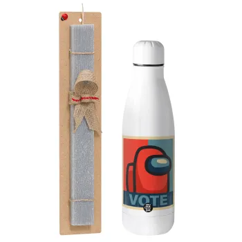 Among US VOTE, Easter Set, metallic stainless thermos bottle (500ml) & scented flat Easter candle (30cm) (GRAY)