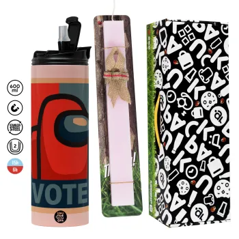 Among US VOTE, Easter candle,Travel Tumbler 2 Lids, with metal straw & cleaning brush & aromatic flat candle (30cm) (PINK)