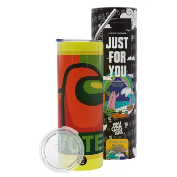 Among US VOTE, Neon Yellow Travel Tumbler θερμό, μεταλλικό καλαμάκι(Ανωξείδωτο 304 Food grade, BPA free, 600ml)