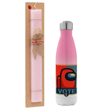 Among US VOTE, Πασχαλινή Λαμπάδα με Μεταλλικό παγούρι θερμός Ροζ/Λευκό (Stainless steel), διπλού τοιχώματος, 500ml & κερί αρωματικό πλακέ (30cm) (ΡΟΖ)