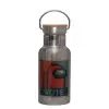 Stainless steel metallic thermos flask, silver with a bamboo lid, double-walled, 350ml.
