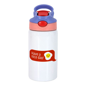 Have a nice day Emoji, Children's hot water bottle, stainless steel, with safety straw, pink/purple (350ml)