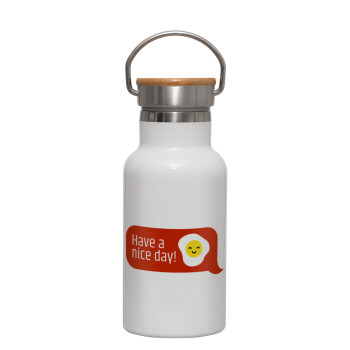Have a nice day Emoji, Metallic thermos (Stainless steel) White with wooden lid (bamboo), double-walled, 350ml