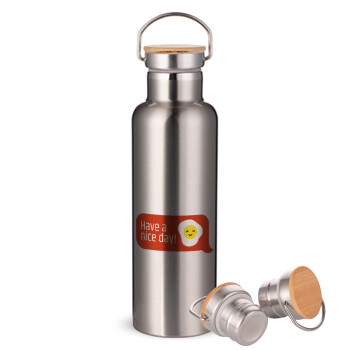 Have a nice day Emoji, Stainless steel Silver with wooden lid (bamboo), double wall, 750ml