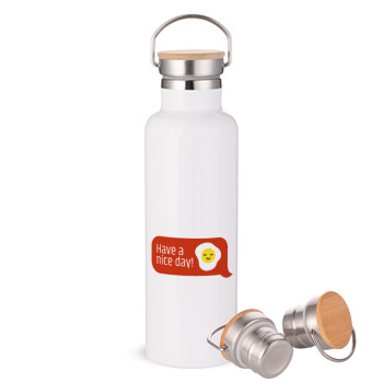 Have a nice day Emoji, Stainless steel White with wooden lid (bamboo), double wall, 750ml