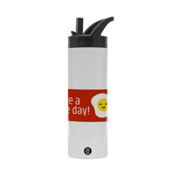 Have a nice day Emoji, Metallic thermos bottle with straw & handle, stainless steel (Stainless steel 304), double-walled, 600ml.