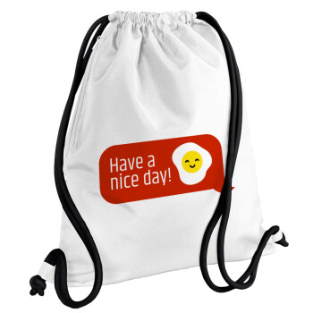 Have a nice day Emoji, Τσάντα πλάτης πουγκί GYMBAG λευκή, με τσέπη (40x48cm) & χονδρά κορδόνια