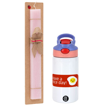 Have a nice day Emoji, Πασχαλινό Σετ, Παιδικό παγούρι θερμό, ανοξείδωτο, με καλαμάκι ασφαλείας, ροζ/μωβ (350ml) & πασχαλινή λαμπάδα αρωματική πλακέ (30cm) (ΡΟΖ)