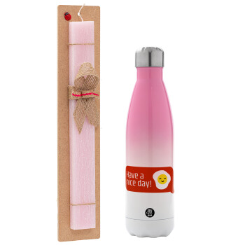 Have a nice day Emoji, Easter Set, Metallic pink/white (Stainless steel) thermos, double-walled, 500ml & aromatic flat Easter candle (30cm) (PINK)