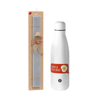Have a nice day Emoji, Easter Set, metallic stainless thermos bottle (500ml) & scented flat Easter candle (30cm) (GRAY)