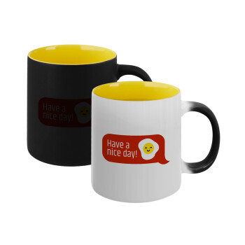 Have a nice day Emoji, Κούπα Μαγική εσωτερικό κίτρινη, κεραμική 330ml που αλλάζει χρώμα με το ζεστό ρόφημα
