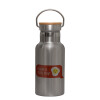 Stainless steel metallic thermos flask, silver with a bamboo lid, double-walled, 350ml.