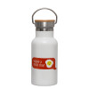 Metallic thermos (Stainless steel) White with wooden lid (bamboo), double-walled, 350ml