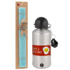 Easter Set, metallic silver aluminum water bottle (500ml) & scented flat Easter candle (30cm) (TURQUOISE)