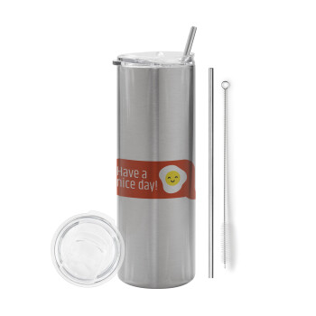 Have a nice day Emoji, Tumbler stainless steel Silver 600ml, with metal straw & cleaning brush