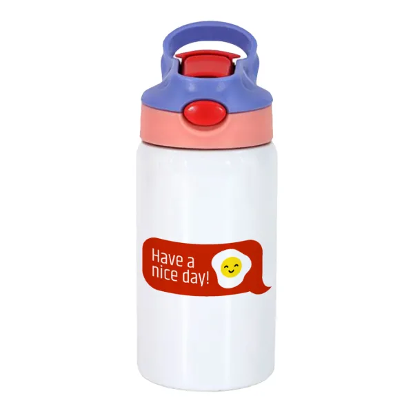 Have a nice day Emoji — Children's hot water bottle, stainless steel, with safety straw, pink/purple (350ml)