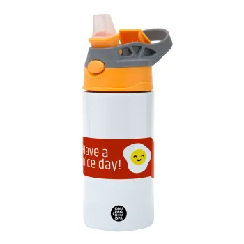 Have a nice day Emoji, Παιδικό παγούρι θερμό, ανοξείδωτο, με καλαμάκι ασφαλείας, Πορτοκαλί/Γκρι (360ml) BPA-FREE