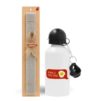 Have a nice day Emoji, Easter Set, metallic aluminum water bottle (500ml) & aromatic flat Easter candle (30cm) (GRAY)
