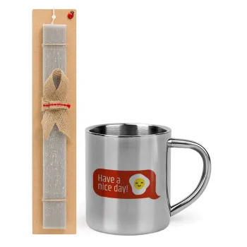 Have a nice day Emoji, Easter Set, metallic thermal cup (300ml) & Easter aromatic flat candle (30cm) (GRAY)