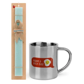 Have a nice day Emoji, Easter Set, metallic thermal cup (300ml) & aromatic flat Easter candle (30cm) (TURQUOISE)