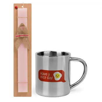 Have a nice day Emoji, Easter Set, metallic thermal cup (300ml) & aromatic flat Easter candle (30cm) (PINK)