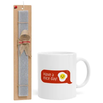 Have a nice day Emoji, Easter Set, Ceramic Cup (330ml) & Easter aromatic flat candle (30cm) (GRAY)