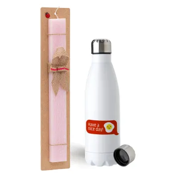 Have a nice day Emoji, Easter Set, metallic stainless steel water bottle (750ml) & scented flat Easter candle (30cm) (PINK)