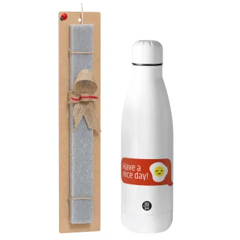 Have a nice day Emoji, Easter Set, metallic stainless thermos bottle (500ml) & scented flat Easter candle (30cm) (GRAY)