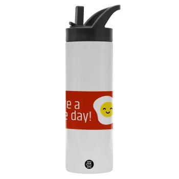 Have a nice day Emoji, Μεταλλικό παγούρι θερμός με καλαμάκι & χειρολαβή, ανοξείδωτο ατσάλι (Stainless steel 304), διπλού τοιχώματος, 600ml