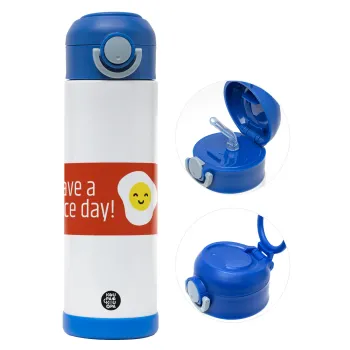 Have a nice day Emoji, Παιδικό παγούρι θερμό, ανοξείδωτο, με καλαμάκι ασφαλείας, ΜΠΛΕ (500ml)