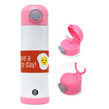 Have a nice day Emoji, Παιδικό παγούρι θερμό, ανοξείδωτο, με καλαμάκι ασφαλείας, ΡΟΖ (500ml)