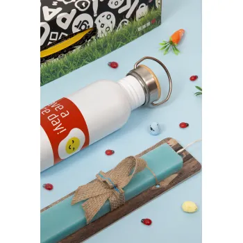 Have a nice day Emoji, Πασχαλινή Λαμπάδα με παγούρι μεταλλικό (620ml, stainless steel) & κερί αρωματικό πλακέ (30cm) (ΤΙΡΚΟΥΑΖ)