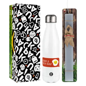 Have a nice day Emoji, Easter candle, metallic white thermos bottle (500ml) & aromatic flat candle (30cm) (GRAY)