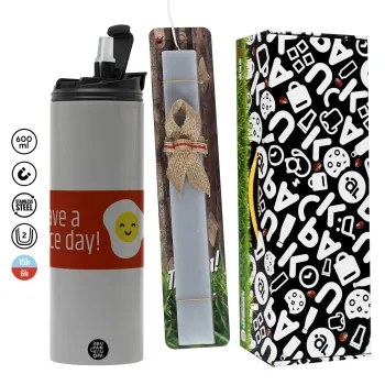 Have a nice day Emoji, Πασχαλινή Λαμπάδα με Travel Tumbler θερμό (600ml, BPA free) & κερί αρωματικό πλακέ (30cm) (ΓΚΡΙ)
