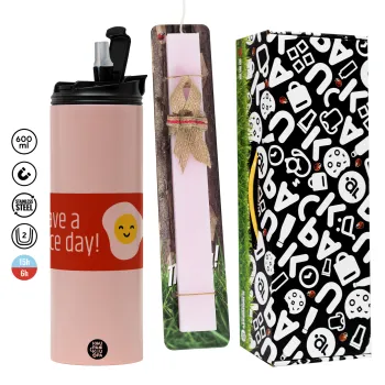 Have a nice day Emoji, Πασχαλινή Λαμπάδα με  ΡΟΖ Travel Tumbler θερμό (600ml, BPA free) & κερί αρωματικό πλακέ (30cm) (ΡΟΖ)