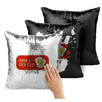 Have a nice day Emoji, Μαξιλάρι καναπέ Μαγικό Μαύρο με πούλιες 40x40cm περιέχεται το γέμισμα