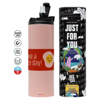 Have a nice day Emoji, Tumbler ποτήρι θερμό ΡΟΖ από ανοξείδωτο ατσάλι 600ml