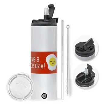 Have a nice day Emoji, Travel Tumbler θερμό με διπλό καπάκι, μεταλλικό καλαμάκι και βούρτσα καθαρισμού (Ανωξείδωτο 304 Food grade, BPA free, 600ml)